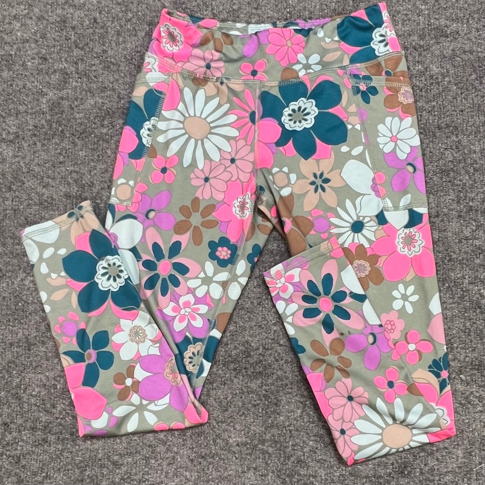 Athletic Works Leggings Kids L 10/12 Pink Floral Active Pockets
